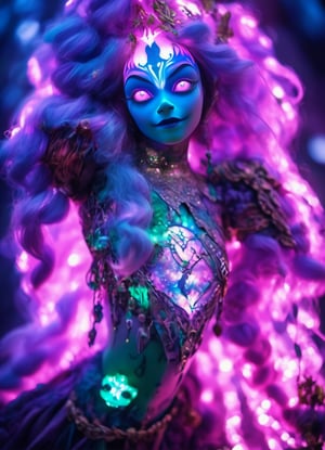 1/3 shot portrait dynamic pose, (sacred night and elf puppet),(ultra-fine HDR), extremely delicate and beautiful girl with translucent opalescent skin, closed mouth, glowing intricate round human detailed eyes, long vivid magenta hair, glowing tattoos on face, 