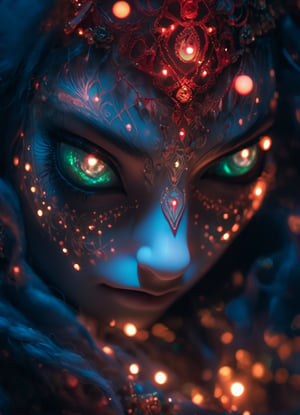 close up portrait (sacred night and elf puppet),(ultra-fine HDR), extremely delicate and beautiful girl with white traslucent opalescent skin, closed mouth, glowing intricate round human detailed eyes, glowing tattoos on face, glowing floating translucent orbs, vivid red hair floating breezy