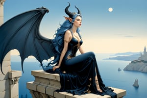 extreme long shot, side view, michael parkes style, a stunning beautiful young queen of gargoyles with gargoyle wings, horns, thick voluminous long blue hair hands to her sides is sitting on the ledge of a very tall castle next to a detailed realistic gargoyle on a cliff above the ocean below on a rocky deserted coastline. she is wearing an elaborate long black gown. its night time with a full moon. dark blue black sky & stars are in the sky.  michael parkes, zoom out.,1girl,Masterpiece,SD 1.5,realistic,fashion_girl,more detail XL,extremely detailed