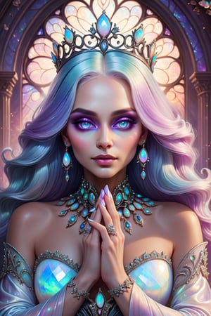 digital art, portrait of The Queen of opal, 8k, opalescent colored hair, opal opalescent eyes, beautiful, highly detailed, whimsical, fantasy, perfect hands, manicured nails, 