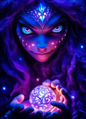 close up portrait (sacred night and elf puppet),(ultra-fine HDR),extremely delicate and beautiful girl, glowing intricate human detailed eyes, glowing tattoos on face, glowing translucent irradescent orb, big long purple hair, hidden hands