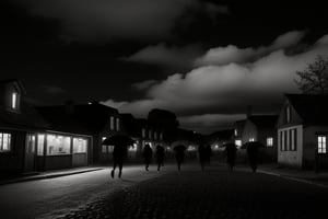 long shot, full body shot, a realistic, detailed, photograph, b&w black and white sepia photo, showing a group of large giant demonic, horrific, scary demons, entities about 12 feet tall, long hands, long fingers, with sharp claws. they are floating over an abandoned cobblestone street in an abandoned middle ages town. they are chasing townsfolk, and the townsfolk are running from the demons, terrified, scared, horrified, their faces twisted in anguish and fear, all of the demonic entities are evil, scary and meanacing. the houses in town are shuttered, lanterns with lit candles, dark storm, night time, clouds in the sky, rain falling, windy, very dark night time sky, 