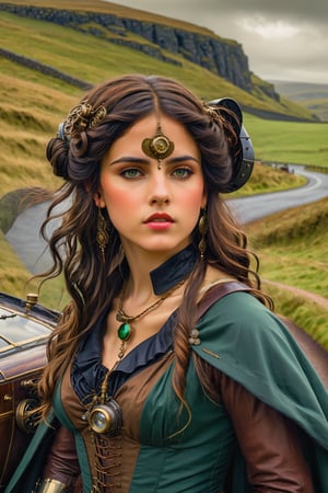 wide view long shot. by john william waterhouse, pre-raphaelite, a beautiful steampunk slim, tall young woman standing next to a dunlop argyle car circa 1900 next to a winding road in the green hills of ireland. she has curly long jet black hair blowing in the wind. she wears an elaborate steampunk victorian outfit, long steampunk earrings, elaborate syeampunk necklaces, jacket, cloak and boots. john william waterhouse, pre-raphaelite, perfect female anatomy.