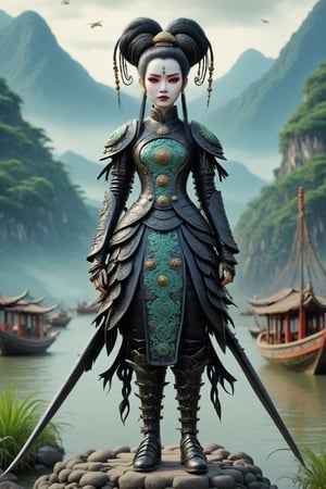 full body shot long shot of Lady Triệu, a vietnamese woman warrior. a fusion of elaborate rococo, ancient vietnam, vietnamese gothic punk. she has black hair in elaborate braids and buns. she has round large big copper eyes. she is vietnamese. she wears an elaborate ancient vietnamese female warrior outfit. behind her is the vietnam mountains and boats on the river. perfect female anatomy, goth person, pastel goth, dal, Gaelic Pattern Style, full body shot, long shot, Triệu Thị Trinh