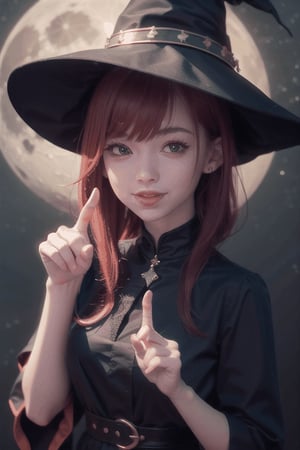 (masterpiece), halloween, night, full moon, starry sky background, 1girl, witch hat, red hair, medium hair, smile, finger to own chin, index finger raised, finger to mouth, pointing at self, tongue