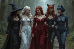 a beautiful young female witch with long curly black hair, pointy witch cap, witch outfit, beautiful young ghostly woman with white hair, the whitest pale skin, white dress, beautiful female vampire with vivid big long red hair, big red lips wearing a red victorian inspired velvet corsett dress, and beautiful cat woman, with cat ears and short blunt cut blue hair with bangs wearing a skin tight dark blue leather body suit are walking together down a beautiful forest path smiling, laughing and talking with each other. perfect anatomy, perfect hands, perfect faces.