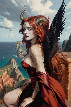 extreme long shot, side view, michael parkes style, a stunning beautiful young queen of gargoyles with detailed gargoyle wings, horns, thick voluminous long curly vivid red mane of hair sitting on the ledge of a very tall cliff on a deserted island above the stormy seas below. she is looking at the ocean. she is wearing an elaborate long black gown. it's midnight, the sky is dark there is a crescent moon in the sky and stars. michael parkes,
