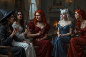 a beautiful young female witch with long curly black hair, pointy witch cap, witch outfit, beautiful young ghostly woman with white hair, the whitest pale skin, white dress, beautiful female vampire with vivid big long red hair, big red lips wearing a red victorian inspired velvet corsett dress, and beautiful cat woman, with cat ears and short blunt cut blue hair with bangs wearing a skin tight dark blue leather body suit are sitting together in an elaborate victorian house, in the living room sitting in front of a fire on chairs and couches, drinking wine, laughing and talking with each other. perfect anatomy, perfect hands, perfect faces.