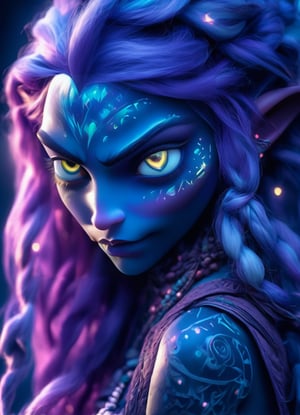 close up portrait (sacred night and elf puppet),(ultra-fine HDR), extremely delicate and beautiful girl with white traslucent opalescent skin, closed mouth, glowing intricate round human detailed eyes, glowing intricate tribal tattoos on face, glowing floating translucent orbs, vivid purple hair floating breezy