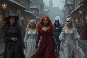 action shot, a beautiful young female witch with long curly black hair, pointy witch cap, winter witch outfit, beautiful young ghostly woman with white hair, the whitest pale skin, winter white dress, beautiful female vampire with vivid big long red hair, big red lips wearing a winter red victorian inspired velvet corsett dress, and beautiful cat woman, with cat ears and short blunt cut blue hair with bangs wearing a winter skin tight dark blue leather bodysuit they are walking down a cobblestone street smiling and laughing with snow in a medieval beautiful magical town, snow flakes falling,  perfect anatomy, perfect hands, perfect faces.