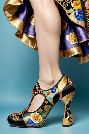 digital art, 8k, picture of a high heel woman's shoe, the shoe is inspired by the art of Gustav Klimt : The Kiss (1907-1908) , chunky heel, whimsical, shoe made of silk, side view of shoe beautiful, highly detailed, whimsical, fantasy, ,more detail XL