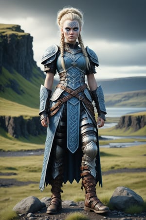 full body long shot, dynamic, cinematic of Freydís Eiríksdóttir, Icelandic female warrior and explorer. a fusion of elaborate rococo, ancient iceland, icelandic viking gothic punk. she has very light blond hair in elaborate braids and buns. she has round large big blue eyes. she has ancient viking warpaint on her face, she wears an elaborate ancient viking outfit, she stands on the rugged icelandic terrain, hot springs,, perfect female anatomy, goth person, pastel goth, dal, Gaelic Pattern Style, full body long shot, cinematic, dynamic