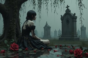 side view, long shot of a beautiful sad gothic girl, long hair, wearing an detailed elaborate gothic outfit. sitting under a weeping willow tree in a cemetary in the rain, cloudy sky, in the puddle of water is a broken heart in the water's reflection. red and black long stem roses scattered on the ground. in the style of Toon Hertz, Mark Ryden, Nicoletta Ceccoli