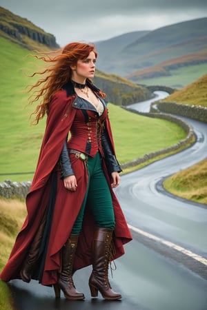 wide view long shot, full body shot by john william waterhouse, pre-raphaelite, a beautiful steampunk slim, tall young woman standing next to a winding road in the green hills of ireland. she has curly long loose red hair blowing in the wind. she wears an elaborate steampunk victorian outfit in colors of red and black, long steampunk earrings, jacket, cloak and boots. in the background are the green hils and a parked dunlop argyle car circa 1900. john william waterhouse, pre-raphaelite, perfect female anatomy.