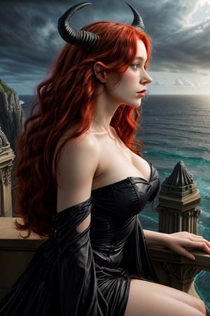 extreme long shot, side view, michael parkes style, a stunning beautiful young queen of gargoyles with detailed gargoyle wings, horns, thick voluminous long curly vivid red hair, red glowing eyes sitting on the ledge of a very tall cliff on a deserted island above the stormy seas below. she is looking at the ocean. she is wearing an elaborate long black gown. it's midnight, the sky is dark there is a crescent moon in the sky and stars. michael parkes,
,Detailedface