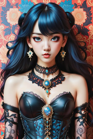 combine all of the below to make a beautiful k-pop star young woman, wearing an elaborate k-pop inspired  necklace, jewelry, long dangle earrings, sexy intricate k-pop star corset, hayv kahraman style, background of vivid colorful intricate william morris wallpaper