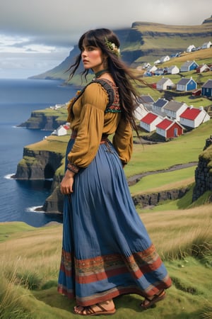 extreme long shot, full body shot, side view by john william waterhouse, pre-raphaelite, a beautiful pre-raphaelite victorian, tall young woman stands in Gásadalur Village, Faroe Islands. she has shoulder-length black hair with fringe, bangs. she wears an elaborate victorian boho outfit in multiple colors, long sleeve peasant shirt, long skirt, flat sandals. she wears long dangle boho earrings detailed background of Gásadalur Village, Faroe Islands and coast. john william waterhouse, pre-raphaelite, perfect female anatomy.