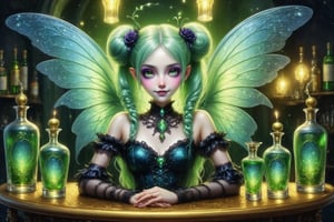 full body shot, extreme long shot of a beautiful stunning miniature magical fairy lady standing next to fancy bottles of vivid green absinthe and glasses of green absinthe laid out on the bar table in an elaborate french absinthe bar at night. the fairy is smaller than the bottles of absinthe. she has a mischevious smile. gossamer glittery opalescent fairy wings, her fairy outfit is a fusion of elaborate rococo, high fashion gothic, brocade rich fabrics, rich colors. she has large, round eyes. long pastel colorful hair in twin tails, buns, braids fringe and bangs. perfect female anatomy, goth person, pastel goth, dal, Gaelic Pattern Style,