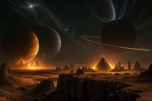 baren landscape of an alien world, dust blows across the desert, tornadoes of fire, a massive dust storm, desert sands and bare cliff faces across the landscape, rock cliffs, a futuristic, imposing pyramid in the distance, three large planets visible in the sky above the pyramid, lightening from the sky, extreme long shot, vast distances, 64k resolution