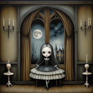 Cinematic scene - long shot, a gothic small girl wearing elaborate gothic lolita dress, gloves, in her gothic room casting spells, in the style Nicoletta Ceccoli, Mark Ryden and Esao Andrews. minimalist style. a detailed elaborate gothic bedroom. dark gothic william morris wallpaper, creepy paintings, dolls, ancient leather spellbooks, candelabra, skulls, witch brooms, ghosts. midnight. dark outside. full moon visible through large window. in the style of esao andrews, Nicoletta Ceccoli, REALISTIC