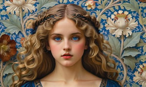 close up portrait, john william waterhouse, pre-raphaelite, a beautiful gothic woman stands in front of a wall covered in intricate william morris wallpaper. she has curly ringlet blond hair and blue eyes. she wears an elaborate gothic gown. john william waterhouse, pre-raphaelite, perfect female anatomy.