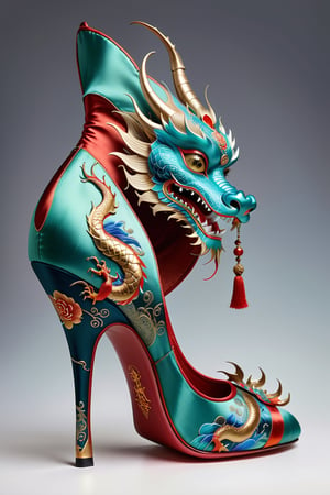digital art, 8k,  picture of a high heel woman's shoe, the shoe is decorated with a chinese dragon painting, made out of silk, whimsical, side view of shoe beautiful, highly detailed, whimsical, fantasy,,more detail XL