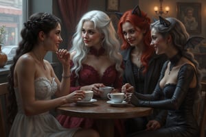 a beautiful witch with long curly black hair, beautiful ghostly woman with white hair, the whitest pale skin, white dress, beautiful female vampire with vivid red hair wearing a red velvet dress with a high lace collar, and beautiful cat woman, with cat ears and blue-grey short hair wearing a skin tight leather body suit are sitting in a halloween inspired decorated coffee shop drinking coffee with each other smiling and talking. perfect anatomy, perfect hands, perfect faces.