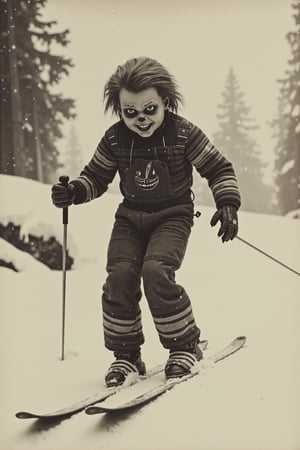 long shot, a realistic, detailed, photograph portrait, b&w black and white sepia photo, scary chucky is on skis skiing down a snowy hill in the alps. snow is falling from the sky. the atmosphere is eerie and strange.