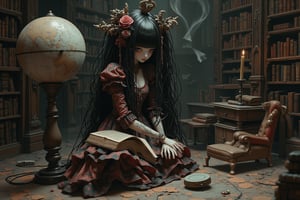 long shot, side view, a beautiful doll-like figure with large detailed eyes and pale porcelain face sits on the floor in a library a large ancient book on her lap. she has long black and white streaked layered big hair. she has elaborate decorations and adornments in her hair. she wears an elaborate gothic outfit in colors of red, grey, black. behind her is a shadowy library with towering bookshelves, cobwebs, and a large globe, where the weight of forgotten tomes hangs heavy in the air, inviting exploration. illuminated by candlelight. full body shot. in the style of Toon Hertz, Mark Ryden, Nicoletta Ceccoli