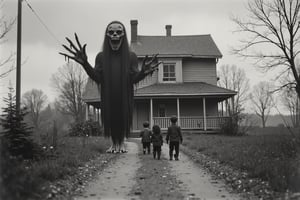 full body shot, a realistic b&w black and white photo from the early 1900's showing an old run down house, a large demonic being, entity about 9 feet tall, long hands, long fingers, with sharp claws, standing on the road next to the house looking scary and meanacing. three young children, about 3-4 feet tall, in dirty messy clothes, backs to viewer, are standing in front of the demon, waiting for instructions. cloudy day, dark sky, 