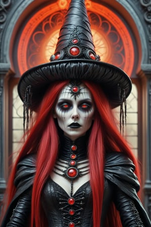 long shot, full body shot. cinematic, dynamic, realistic portrait of a dark ancient witch priestess. a fusion of elaborate rococo, futuristic gothic witchy punk. she wears a witch hat. she has long vivid red and black streaked hair. eyes are closed in prayer. a detailed background of a dark ceremonial temple with occult and celestial imagry, perfect female anatomy, goth person, pastel goth, dal, Gaelic Pattern Style, cinematic, dynamic