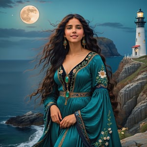 full body portrait, side view, extreme long shot inspired by john william waterhouse, pre-raphaelite, a beautiful tall pre-raphaelite woman is smiling closed mouth with long curly jet black hair and a teal green elaborate pre-raphaelite gown embroidered with magical symbols is standing near a lighthouse on a cliff overlooking the ocean at night. her hands have twelve fingers. the detailed background is of a realistic rocky rugged coast. there is a full moon high in the sky. john william waterhouse, pre-raphaelite