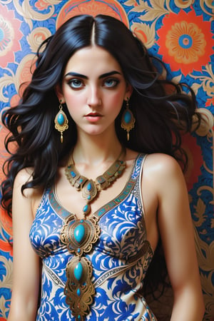 full body shot, long shot, combine all of the below to make a beautiful Greek young woman, wearing an elaborate greek inspired necklace, jewelry, long dangle earrings, sexy intricate greek outfit, greek sandals, hayv kahraman style, background of vivid colorful intricate william morris wallpaper, full body shot,