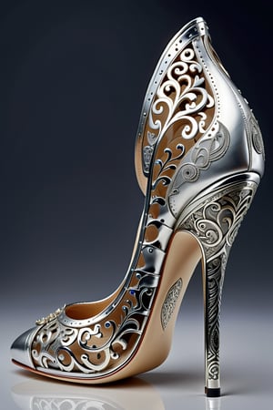 digital art, 8k, picture of a high heel woman's shoe the heel is in the shape of a guillitene, shoe made of silver, top of show engraved in an intricate pattern, the shoe, side view of shoe beautiful, highly detailed, whimsical, fantasy, ,more detail XL