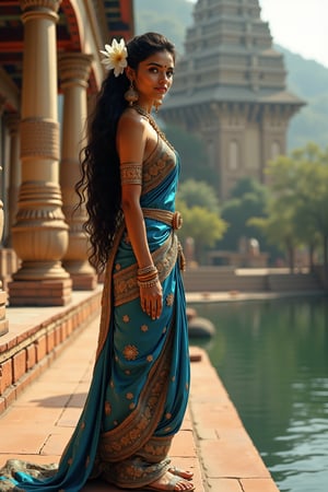 long shot, side view full body shot, realistic photgraphic image of young stunningly gorgeous and beautiful exotic asian indian woman in Ancient India. she stands on the steps of an ancient indian temple on the banks of the ganges river  with jasmine in her hair. she has a sweet sensual closed mouth smile, stunning big light green realistic eyes, rich colorful make-up and eyeliner on her eyes, thick big curly long black shiny hair, she wears an ancient indian dress in silk, cotton and linen fabrics, colors of deep blue white and gold, which is richly and elaborately decorated, with embroidery and rich jewels, gold jewelry and ornaments, flat  sandals on her feet. her outfit and posture displays her wealth, behind her is the detailed realistic background of the Ancient Indian temple on the banks of a beautiful river, lush coconut trees, jasmine, rose, frangiapani bushes surround the temple. the temple is decorated with richly colored symmetrical Indian art, mythology and spiritual scenes decorating the walls, ancient hindu statues, palm, coconut, mango trees, incense pots with burning incense, perfect female anatomy