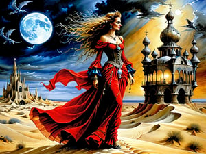 A beautiful royal gypsy magical woman walking through the desert. Painting by Luis Royo. surrealism. Machinarium. elaborate dress in colors of red, gold, royal blue, black. her tiny flying pet dragons are flying around the ornate large lantern she is carrying. the detailed background is of a vast desert, stormy sky, dark clouds, full moon, desert fortress in the distance, Samorost and Gaudi. Remedios Varo. Modern style. Surrealism. elaborate earrings, necklaces, chain belts, bracelets on both wrists, ,realistic,Detailedface,amazing quality