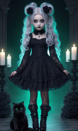 photorealistic concept art, 1girl, irish Young girl, white long hair, messy hair, elaborate hair, hair buns, mischevious smile look on face, dark eye make up, elaborate outfit, black roses in hair, pastel gothic Fashion Girl,Grunge-Lolita Fashion, girly pastel lace blouse, high heel embroidered intricate boots,The ethereal glow, metallic accessories, and moody atmosphere create a mystical aura,
Gothic Lolita long lace Skirt, her look exudes dark glamour,natural volumetric cinematic perfect light,pastelbg,pastel goth, intricate background, candles, realistic large gray cats with fluffy long hair with glowing green eyes at the girl's feet,
