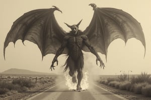 long shot, full body shot, a realistic, detailed, photograph, b&w black and white sepia photo, showing a large giant demon, horrific, scary demon, entity about 20 feet tall, demon wings, long hands, long fingers, with sharp claws, demon wings. the demon's arms and wings are outstretched, walking down a desert road. only desert as far as the eye can see. the atmosphere is eerie, horrific, fearful, scary, the demon is on fire, 