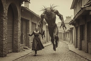 long shot, full body shot, a realistic, detailed, photograph, b&w black and white sepia photo, showing a large giant demonic, horrific, scary demon, entity about 12 feet tall, long hands, long fingers, with sharp claws. it is running down ann abandoned cobblestone street in an abandoned middle ages town. it is chasing a terrified woman in a medieval peasant dress. she is running from the demon, terrified, scared, horrified, her face twisted in anguish and fear, the demon is evil, scary and meanacing. the houses in town are shuttered, 