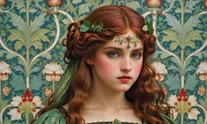 close up portrait, john william waterhouse, pre-raphaelite, a beautiful gothic woman stands in front of a wall covered in intricate william morris wallpaper. she curly ringlet red hair and light green eyes. she wears an elaborate gothic gown. john william waterhouse, pre-raphaelite, perfect female anatomy.