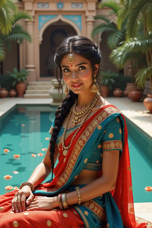 long shot, close up shot, realistic photgraphic image of young stunningly gorgeous and beautiful exotic asian indian woman in Ancient India. she sits on a bench next to a decorative pool with jasmine, rose petals on the water's surface. she has a sweet sensual closed mouth smile, stunning big light green realistic eyes, rich colorful make-up and eyeliner on her eyes, hair in elaborate braids and buns, she wears an ancient indian dress in silk, cotton and linen fabrics, colors of royal blue red and gold, which is richly and elaborately decorated, with embroidery and rich jewels, gold jewelry and ornaments, flat  sandals on her feet. her outfit and posture displays her wealth, behind her is the detailed realistic background of an Ancient Indian temple on the banks of a beautiful river, lush flora surrounds the temple with richly colored symmetrical Indian art, mythology and spiritual scenes decorating the walls, ancient hindu statues, small mosaic marble decorative pool with deep blue water blue, marble benches, palm, coconut, mango trees, incense pots with burning incense, 