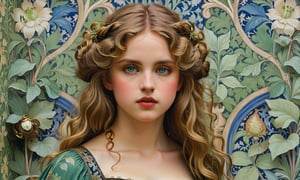 close up portrait, john william waterhouse, pre-raphaelite, a beautiful gothic woman stands in front of a wall covered in intricate william morris wallpaper. she has curly ringlet blond hair and light green eyes. she wears an elaborate gothic gown. john william waterhouse, pre-raphaelite, perfect female anatomy.