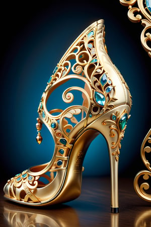 digital art, 8k, picture of one high heel woman's shoe, made of gold with an intricate pattern, whimsical, side view of shoe beautiful, highly detailed, whimsical, fantasy,,more detail XL