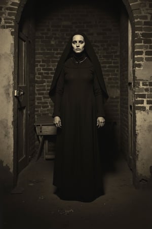 portrait realistic, detailed, photograph portrait, b&w black and white sepia photo, of valak nun from the conjuring in an abandoned dark church at night. atmosphere is eerie and strange.