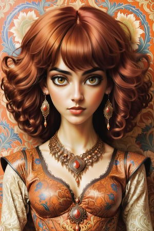 combine all of the below to make a beautiful middle eastern woman, reddish copper curly thick shoulder length bob cut with bangs, wearing an elaborate Iranian Persian inspired necklace, jewelry, long dangle earrings, corset in colors of saffron, beige, hayv kahraman style, background of vivid colorful intricate william morris wallpaper