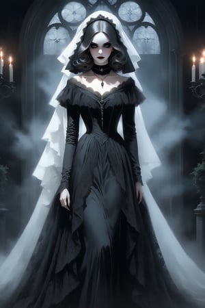 The image features a beautiful woman dressed in a long elaborate gown, resembling ghostly figure. She is wearing a black veil and a necklace, which adds to her eerie appearance. The woman's face is painted white, further enhancing the ghostly look. the detailed background is of a dark gothic mansion at night. The overall atmosphere of the image is mysterious and haunting.  very_high_resolution,  , designed by Ilya kuvshinov, aw0k nsfwfactory,  aw0k magnstyle,  danknis,    Anime,  IMGFIX