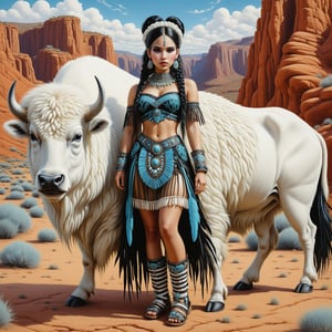 (((full body shot, wide shot))) dynamic pose, a beautiful stunning native american indian woman 1girl with a white bison calf. her outfit is a fusion of elaborate native american rococo, high fashion gothic outfit in luxurious fabrics, rich colors. suede leather moccasins. the woman has large, round eyes. jet black hair in elaborate braids and buns with fringe and bangs. background of cliff dwellings in the american southwest. perfect female anatomy. goth person, pastel goth, dal, Gaelic Pattern Style, (((wide shot)))