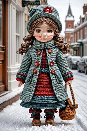 girl in winter clothing standing in the snow on a victorian street, detailed textures, ultra sharp, crocheted