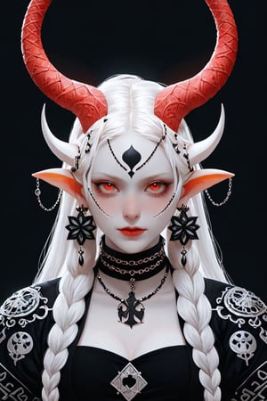 1 girl, portrait, (masterful), albino demon girl with vivid red hair with elaborate braids and buns, wearing a decorated bra, detailed intricate symmetrical tattoos of magical symbols, patterns on her shoulders arms and upper chest, (long intricate horns), elaborate jewelry, best quality, highest quality, extremely detailed CG unity 32k wallpaper, detailed and intricate, looking_at_viewer, goth person, white backdrop