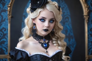 portrait of a beautiful gothic lolita woman. (blue eyes). dark gothic make-up, elaborate gothic lolita victorian corset, outfit, elaborate gothic long earrings and necklace. long curly blonde hair. background of detailed elaborate art nouveau wallpaper